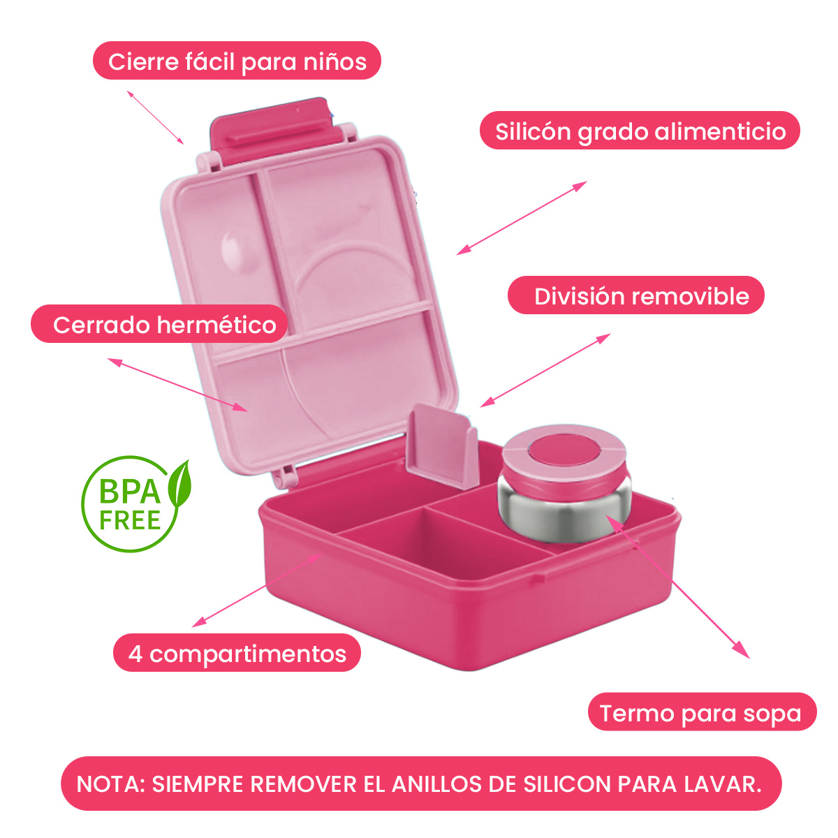 Lonchera para niña tipo omiebox incluye termo, bento box c 4 compartimentos modulables de gran capacidad, lunch box con sellado hermético anti-fugas, caja de almuerzo BPA Free