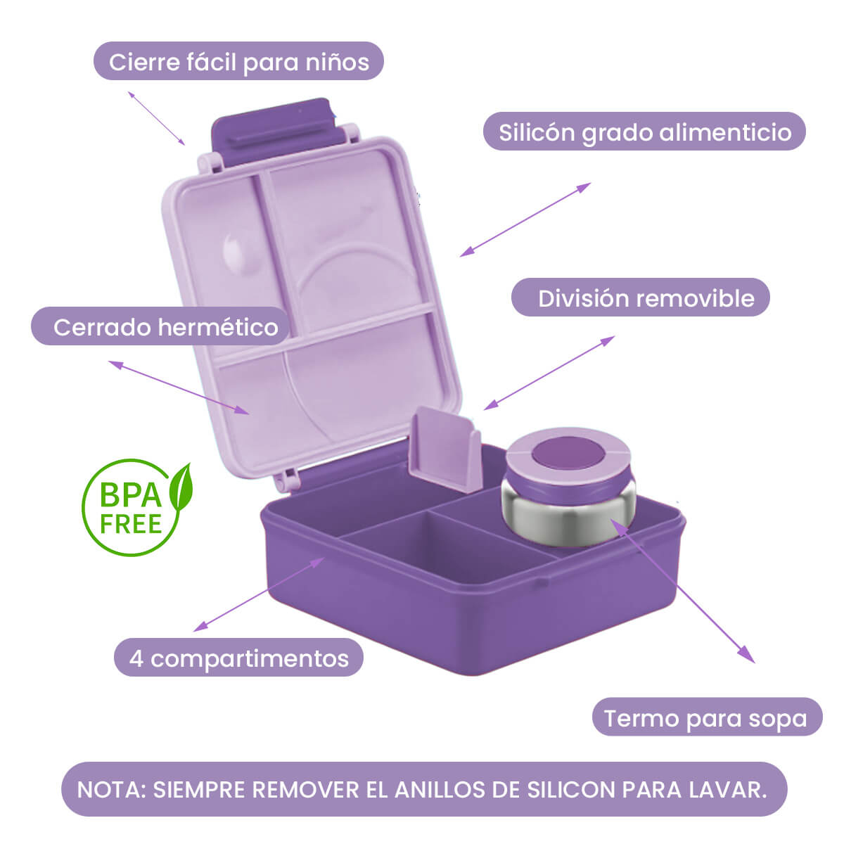 Lonchera para niña tipo omiebox incluye termo, bento box c 4 compartimentos modulables de gran capacidad, lunch box con sellado hermético anti-fugas, caja de almuerzo BPA Free
