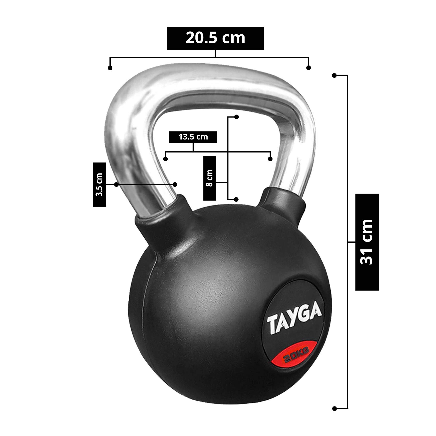 Tayga pesa Rusa con Rubber kettlebell 20 kg Mango Cromado