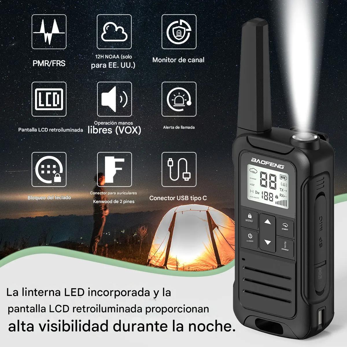 Walkie talkie Radio verde bidireccional carga tipo C de largo alcance recargable viaje Camping.