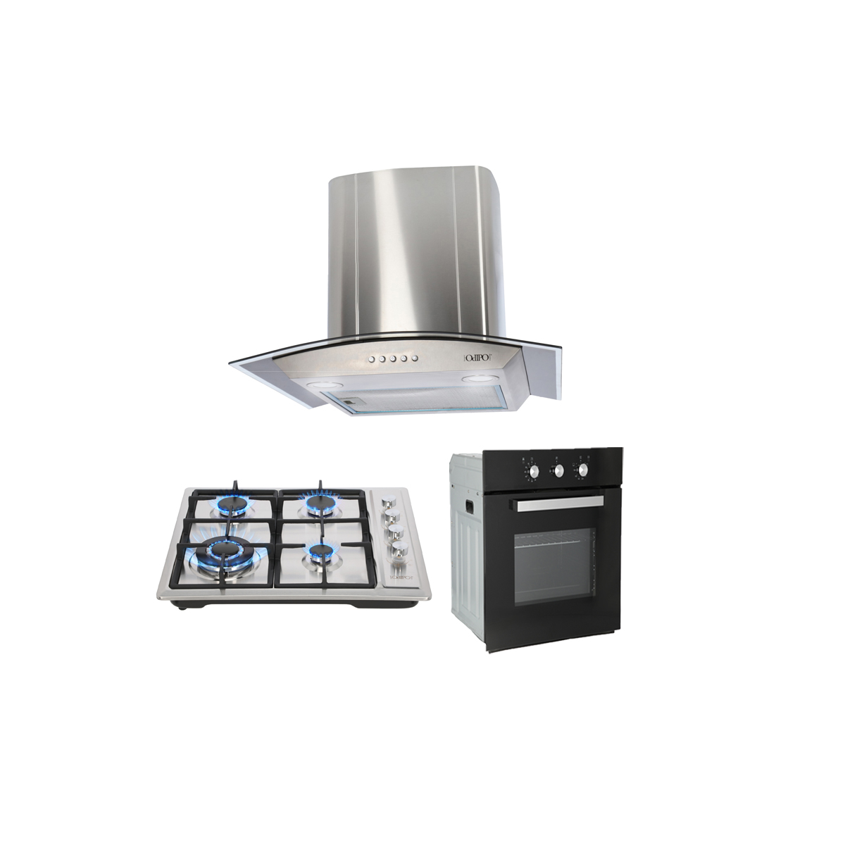 TRICOMBO Campana 60cms Cristal Curvo Tipo Pared Contr Elec + Parrilla Acero Inox 60 cm 4 Q + Horno Gas 60 cm.