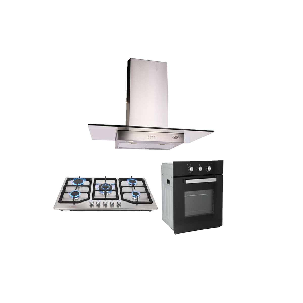 TRICOMBO Parrilla 86 cm Acero Inox 5 Q + Campana 90cms Cristal Recto Tipo Pared Contr Elec + Horno Gas 60 cm.