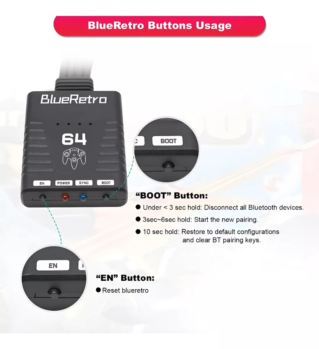 Adaptador Blueretro 4 Mandos Bluetooth Nintendo64 Servitae