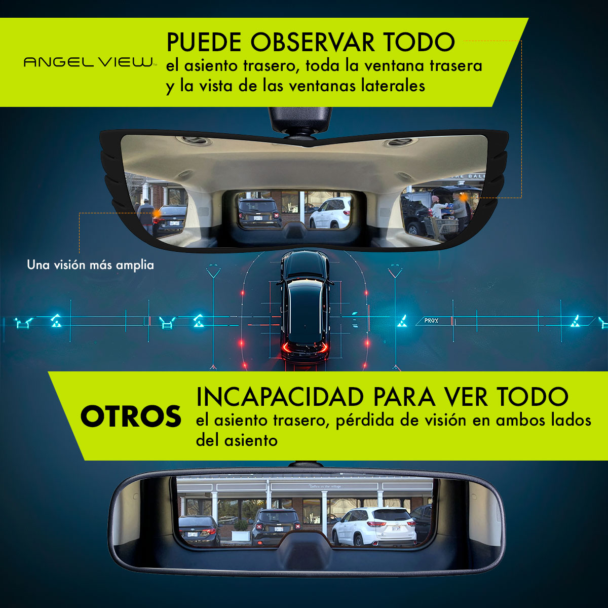 Espejo Retrovisor de Seguridad Angel View Vidrio Curvo 30cm de Ajuste Universal; Fácil y Rápida instalación; Visión Amplia; Seguridad al Volante