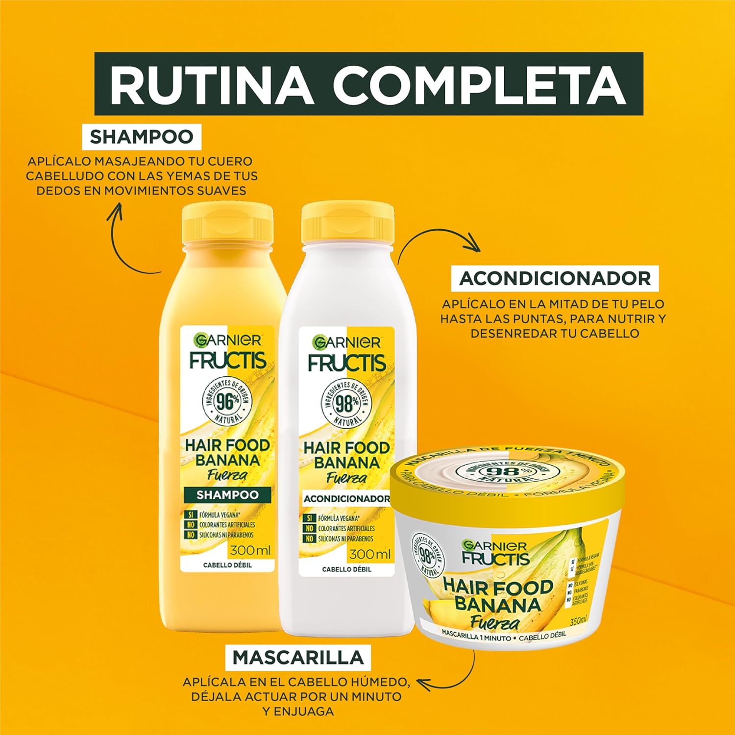 Kit Garnier Fructis Hair Food Banana, Rutina Completa Fuerza para cabello débil, Shampoo, Acondicionador y Mascarilla, 3 piezas