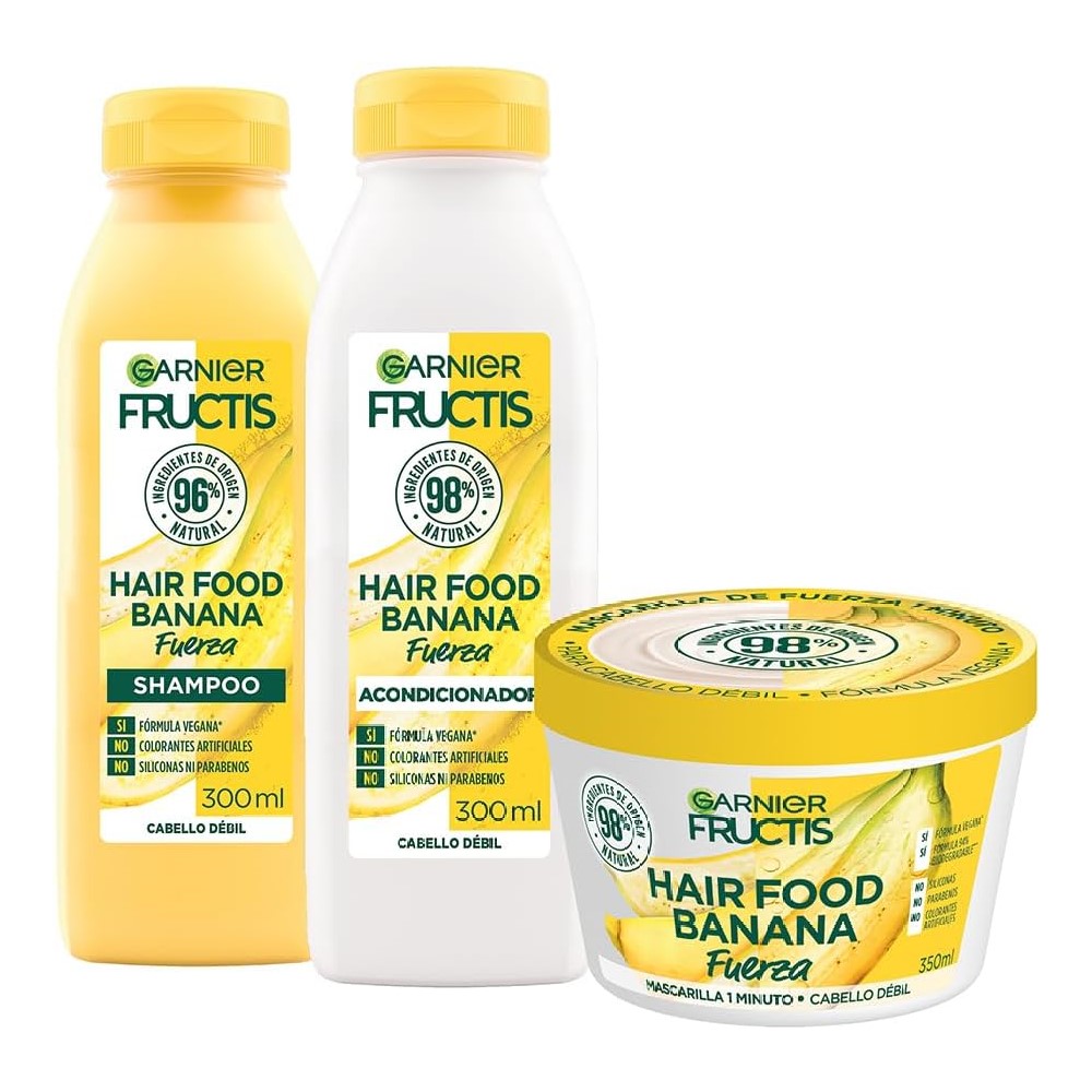 Kit Garnier Fructis Hair Food Banana, Rutina Completa Fuerza para cabello débil, Shampoo, Acondicionador y Mascarilla, 3 piezas