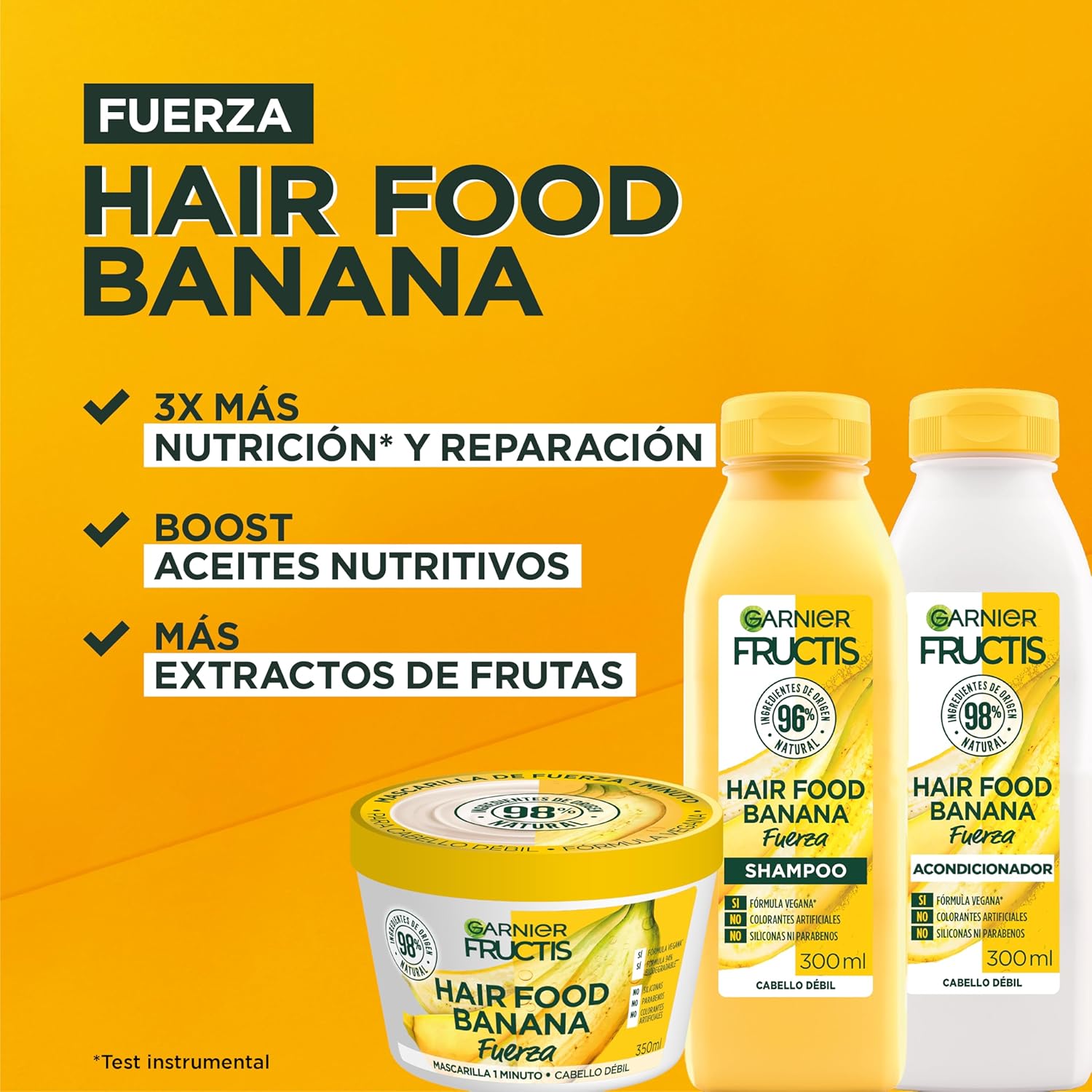 Kit Garnier Fructis Hair Food Banana, Rutina Completa Fuerza para cabello débil, Shampoo, Acondicionador y Mascarilla, 3 piezas