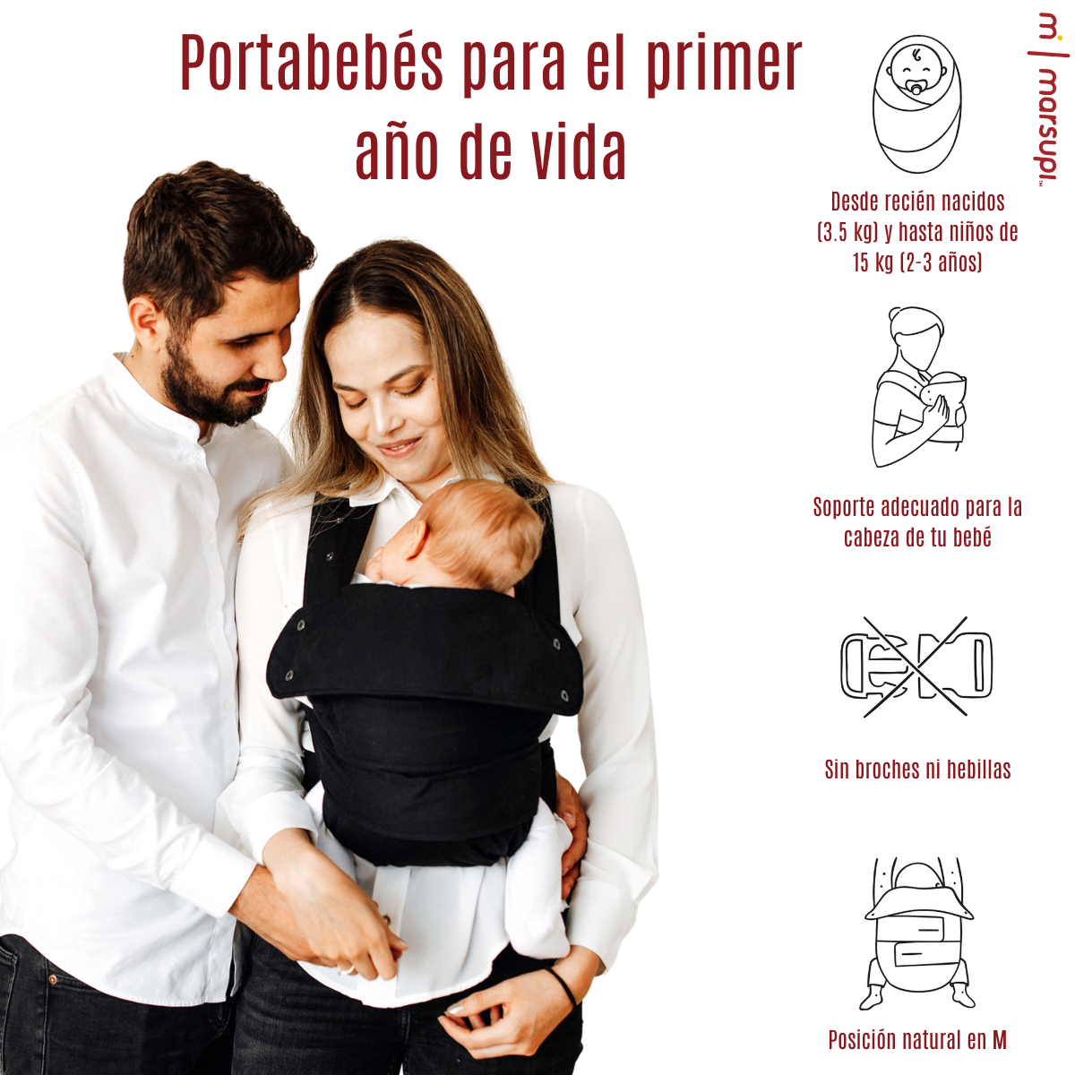 Marsupi Classic Black Portabebés Cangurera Ergonómico.