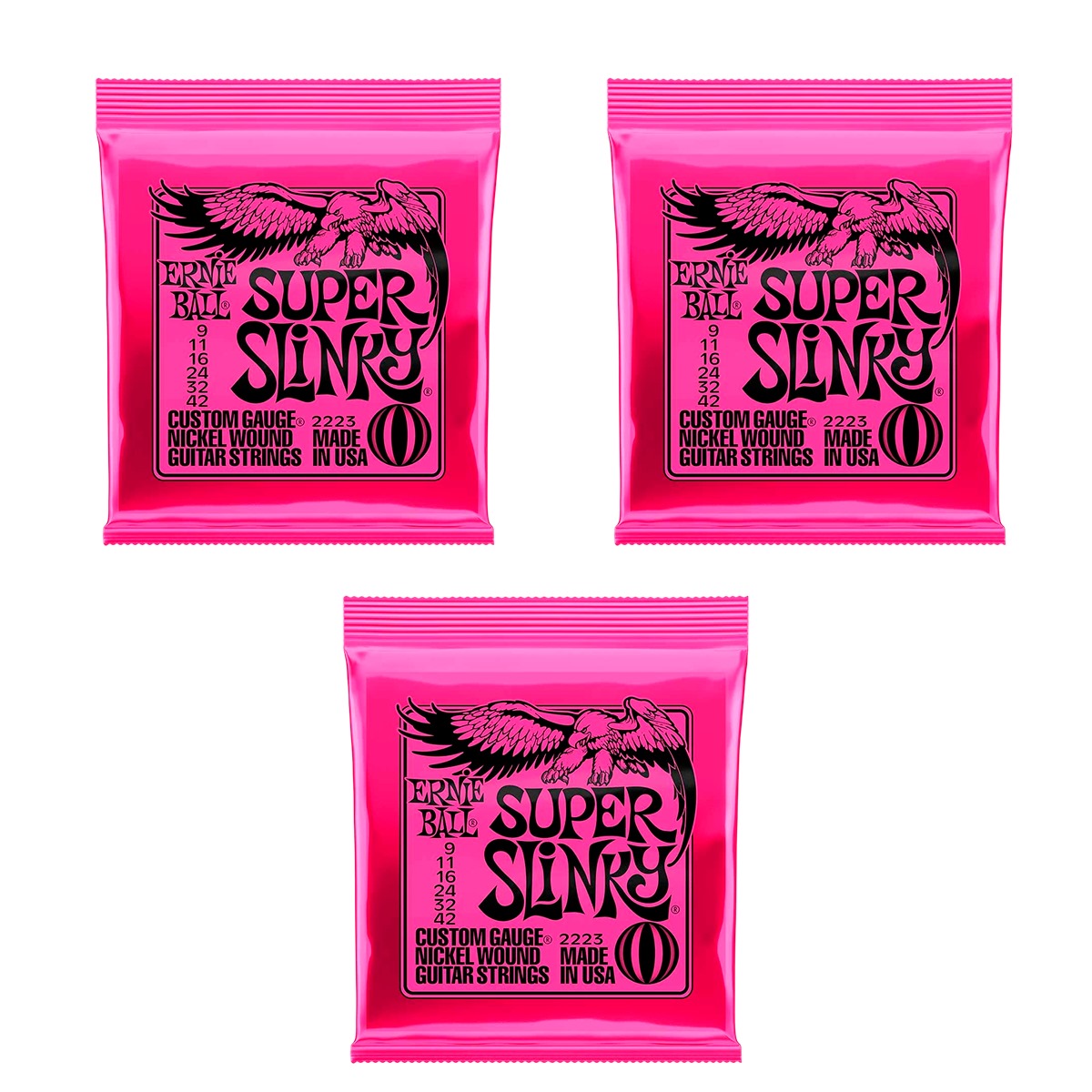 Juego de 3 Paquetes de Cuerdas Ernie Ball Guitarra Eléctrica 9-42 Super Slinky 2223