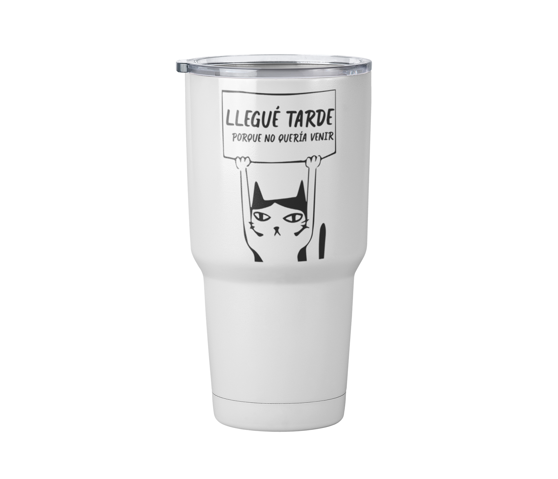 Termo Gato | Llegué tarde | Blanco Acero | frase meme divertido | Viajero Metálico 30 oz