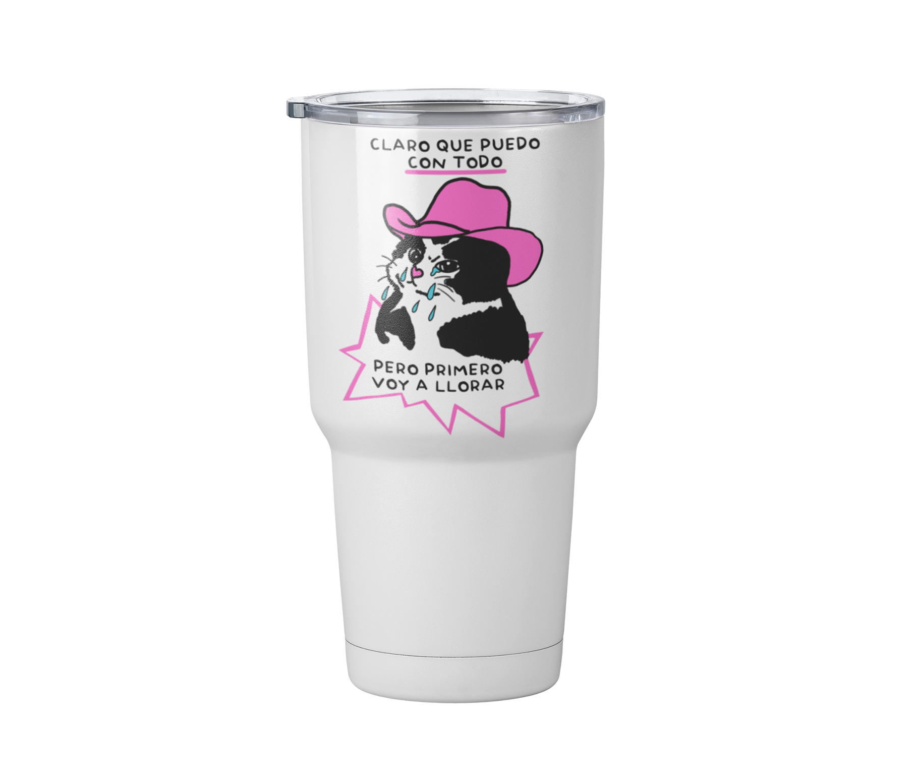 Termo Gato Claro que puedo pero primero voy a llorar | gato vaquero | Blanco Acero | frase meme divertido | Viajero Metálico 30 oz