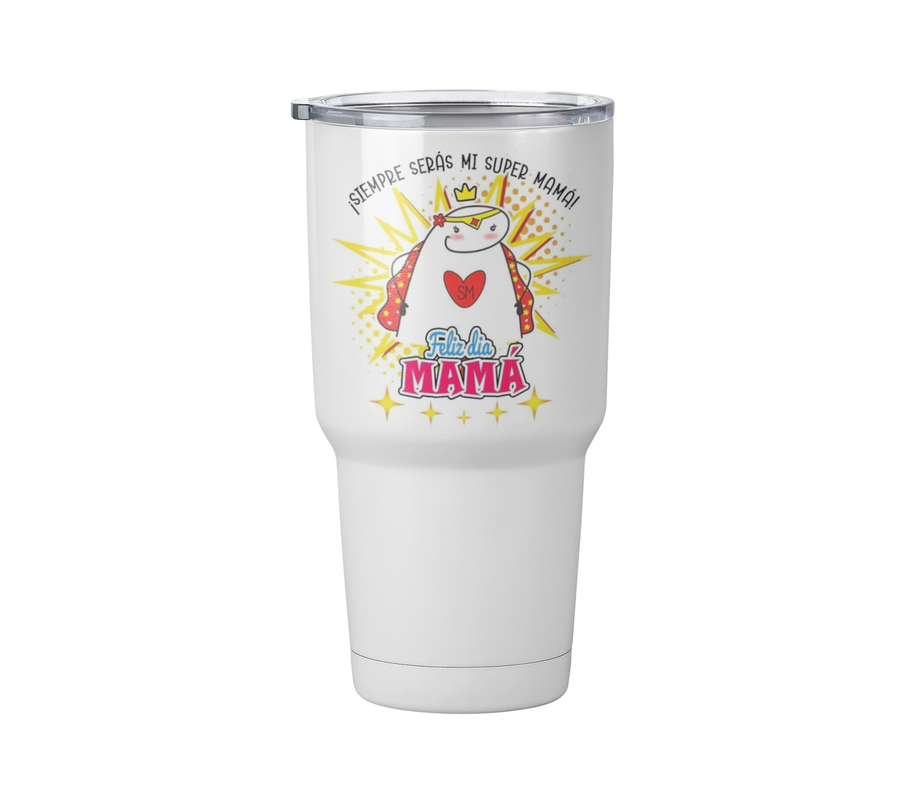 Termo Flork Súper mamá |Día de las madres | Blanco Acero | divertido | Viajero Metálico 30 oz