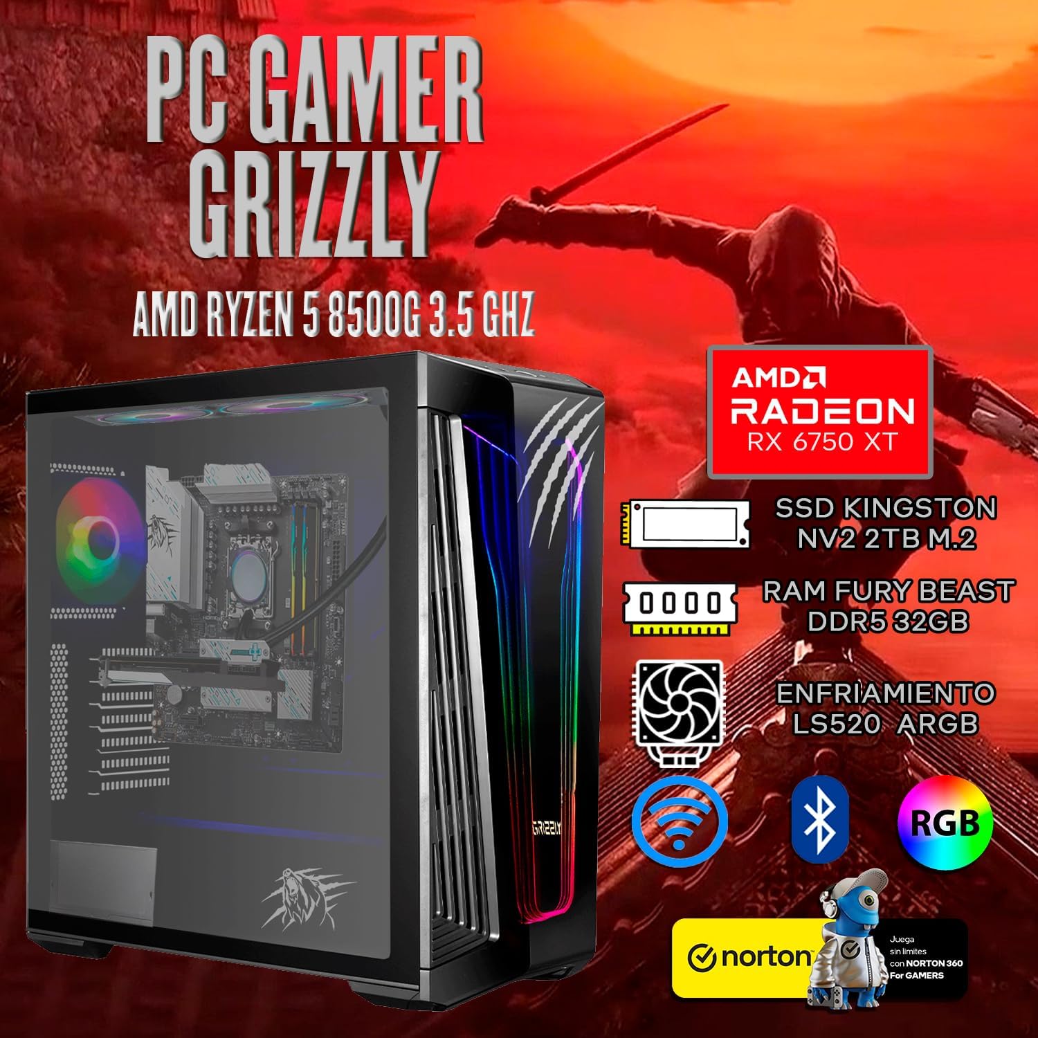PC GAMER GRIZZLY AMD RYZEN 5 8500G 3.5GHZ 32GB RX6750XT NV2 2TB WIFI BT PG-AMD056