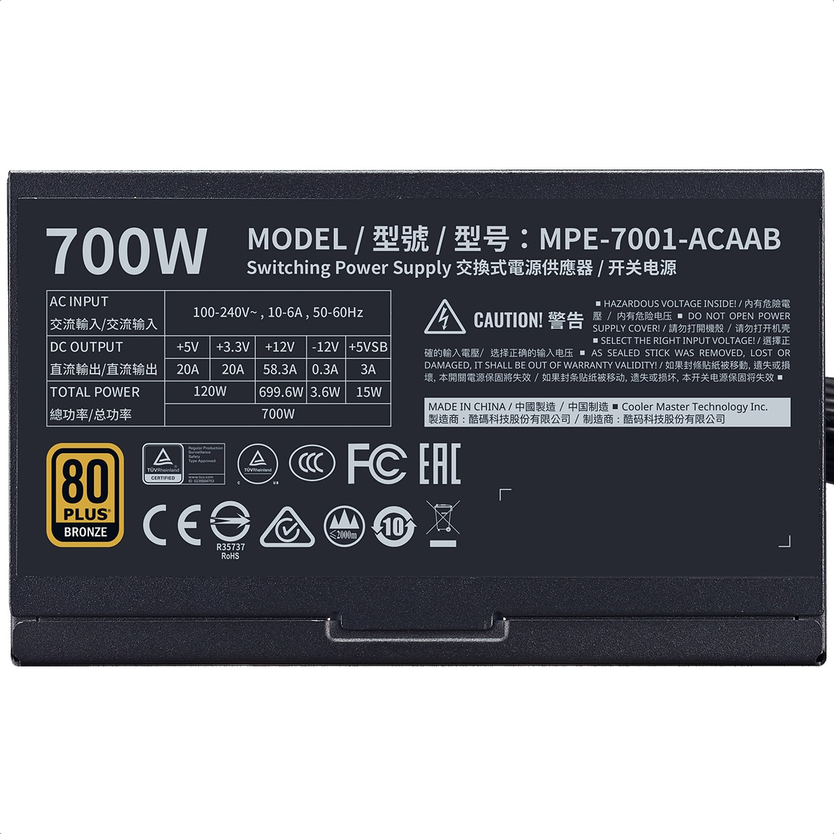 Fuente De Poder Cooler Master MWE Bronze 700 V2 700W 80 Plus MPE-7001-ACAAB-US