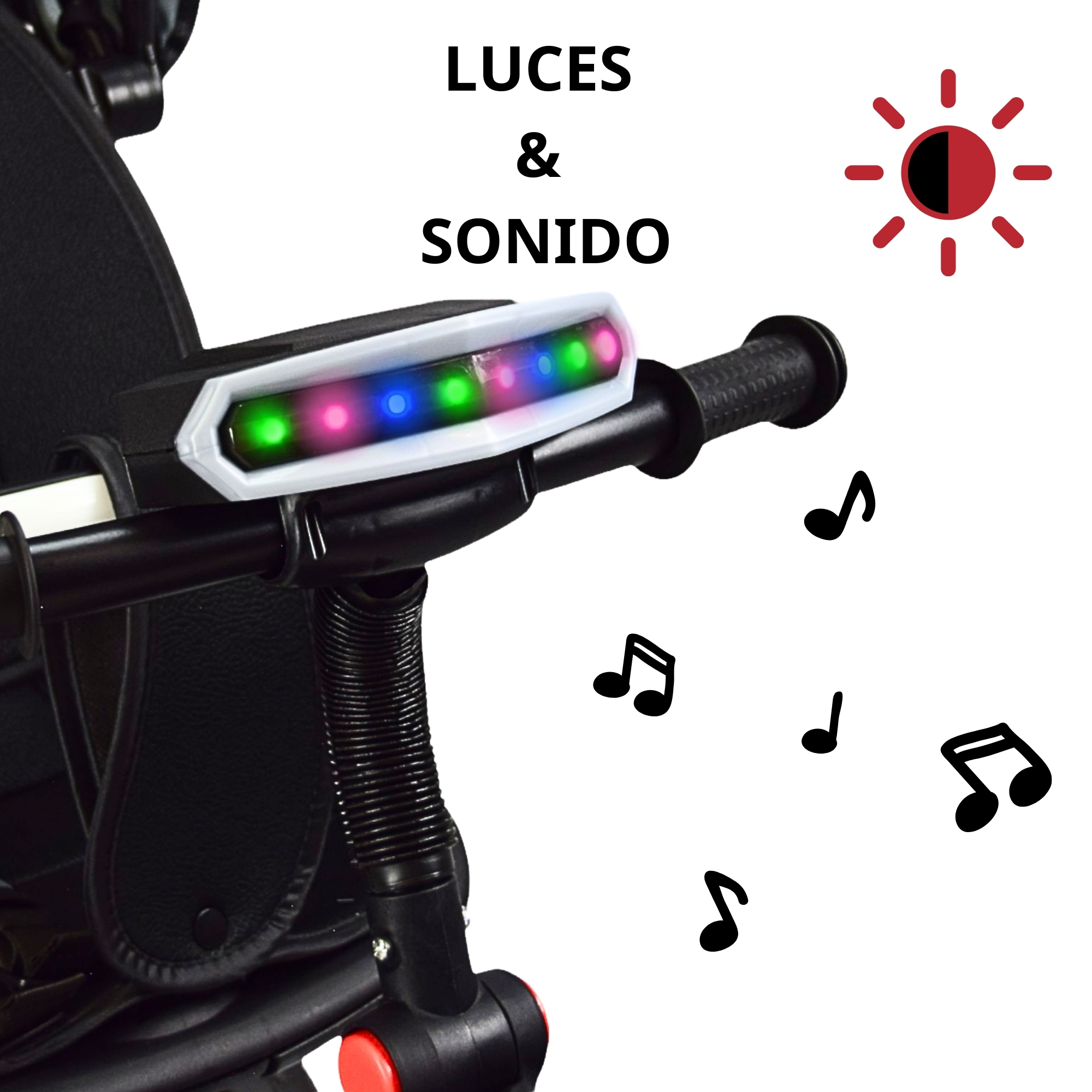 Triciclo para Niños con Asiento Giratorio y Reclinable Luz Sonido Bastón Dirigible - Rojo