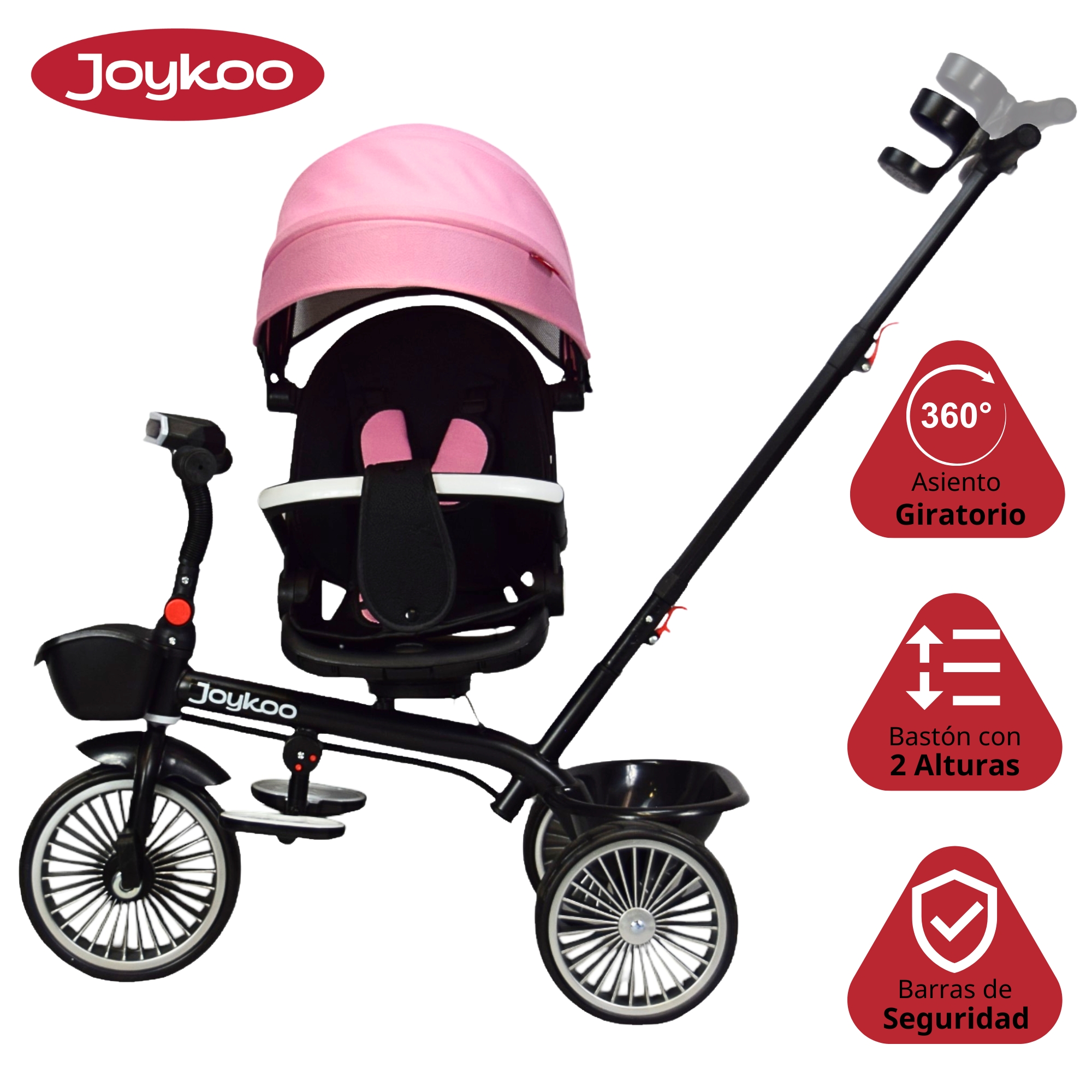 Triciclo para Niños con Asiento Giratorio y Reclinable Luz Sonido Bastón Dirigible - Rosa