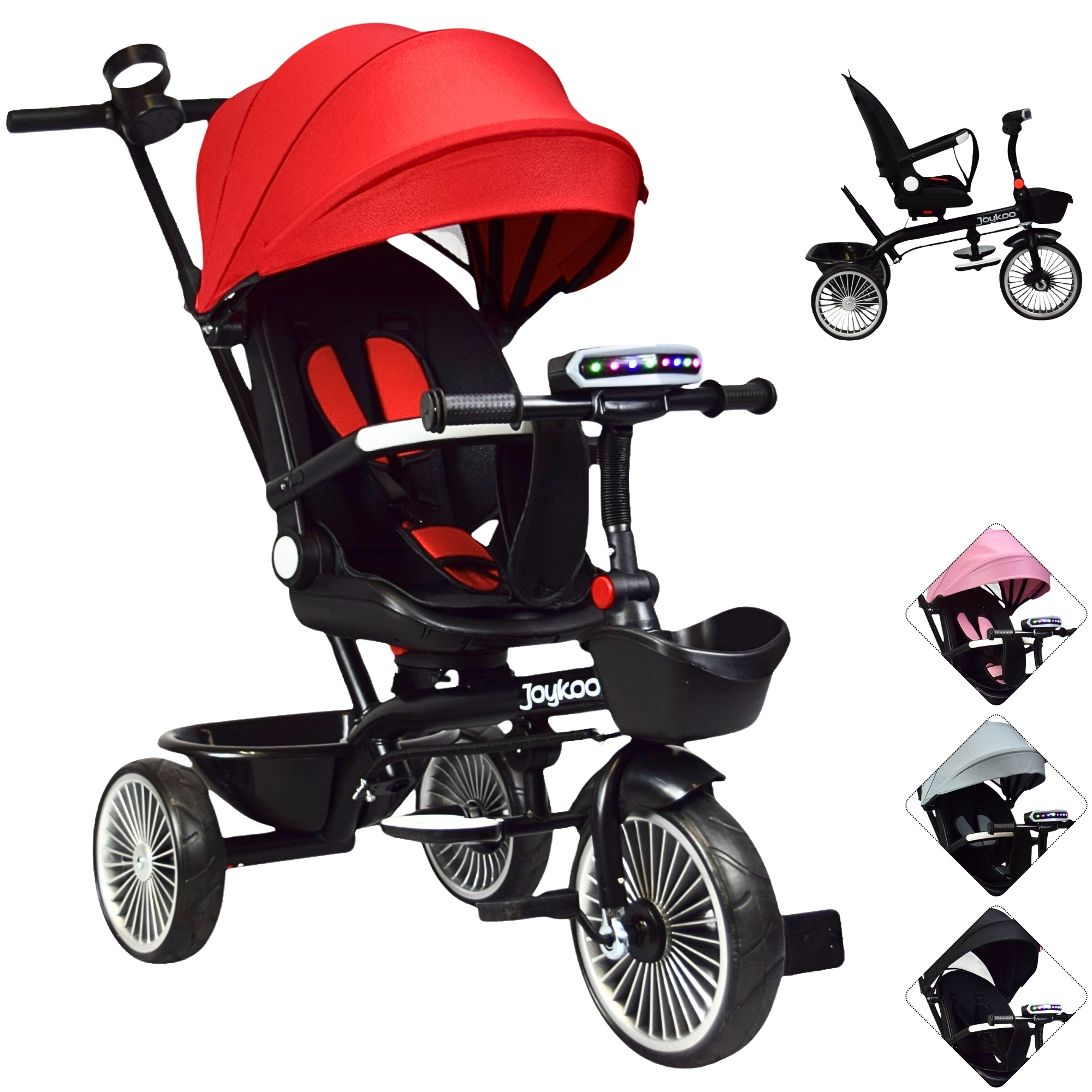 Triciclo para Niños con Asiento Giratorio y Reclinable Luz Sonido Bastón Dirigible - Rojo
