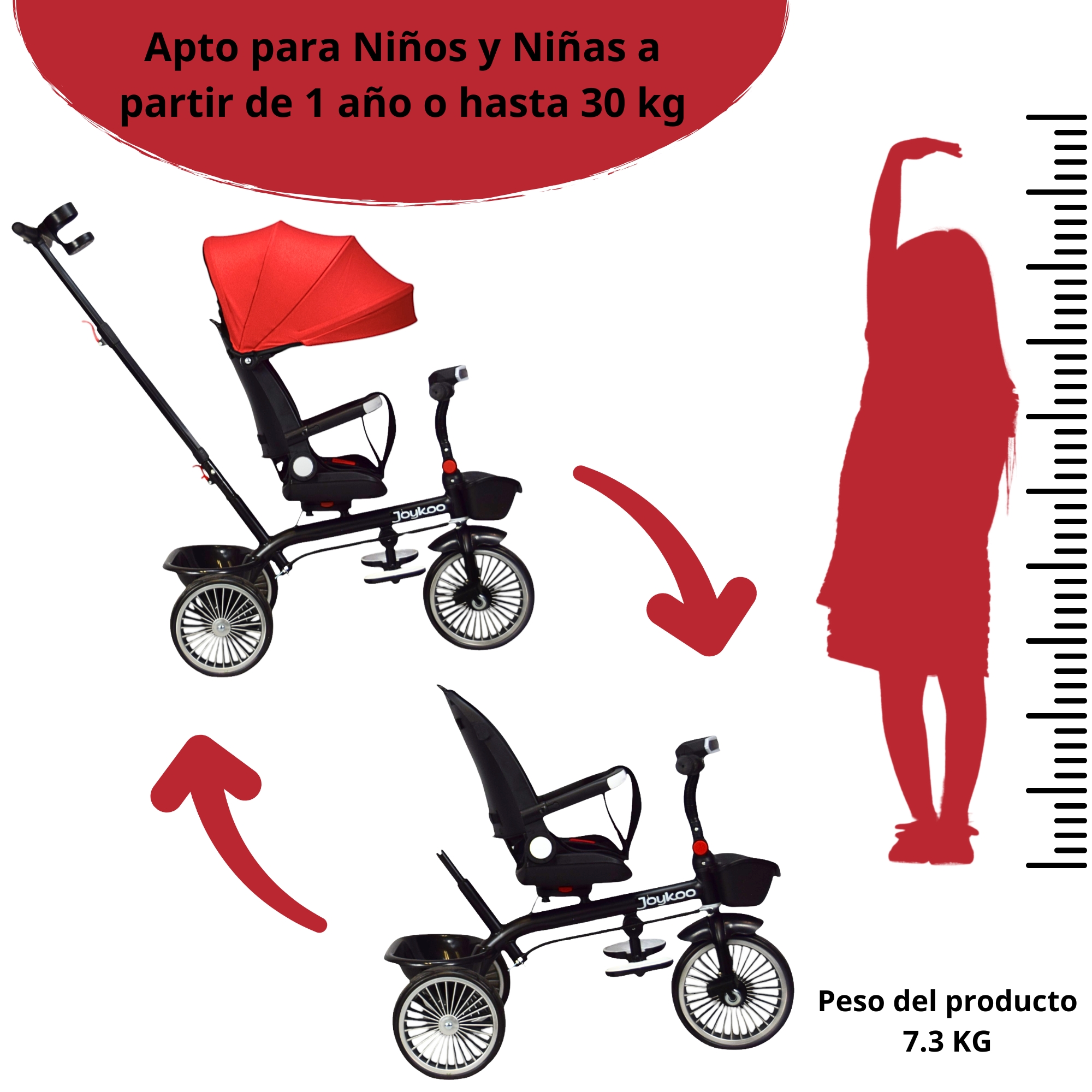 Triciclo para Niños con Asiento Giratorio y Reclinable Luz Sonido Bastón Dirigible - Rojo