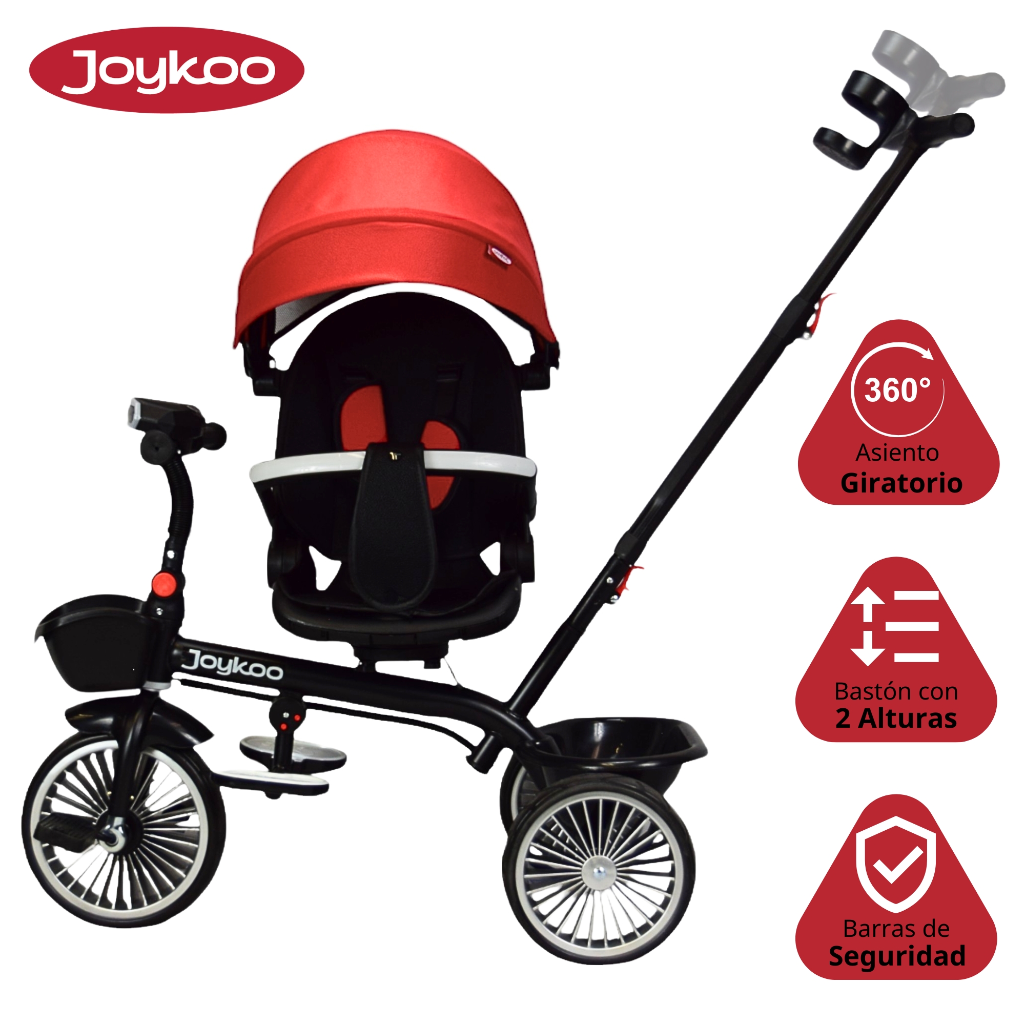 Triciclo para Niños con Asiento Giratorio y Reclinable Luz Sonido Bastón Dirigible - Rojo