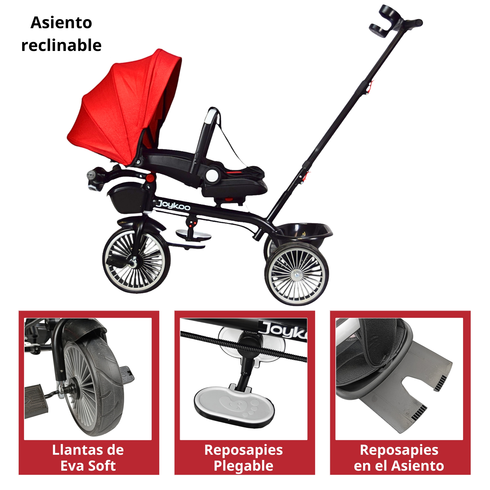 Triciclo para Niños con Asiento Giratorio y Reclinable Luz Sonido Bastón Dirigible - Rojo