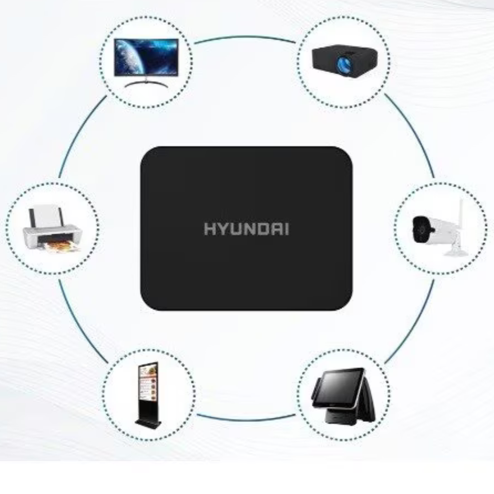 Mini PC de Escritorio Hyundai: Procesador Intel Celeron N4020 (hasta 2.8 GHz), Memoria de 4GB DDR4, SSD de 128GB, Video UHD Graphics 600, S.O. Windows 11 Pro. 