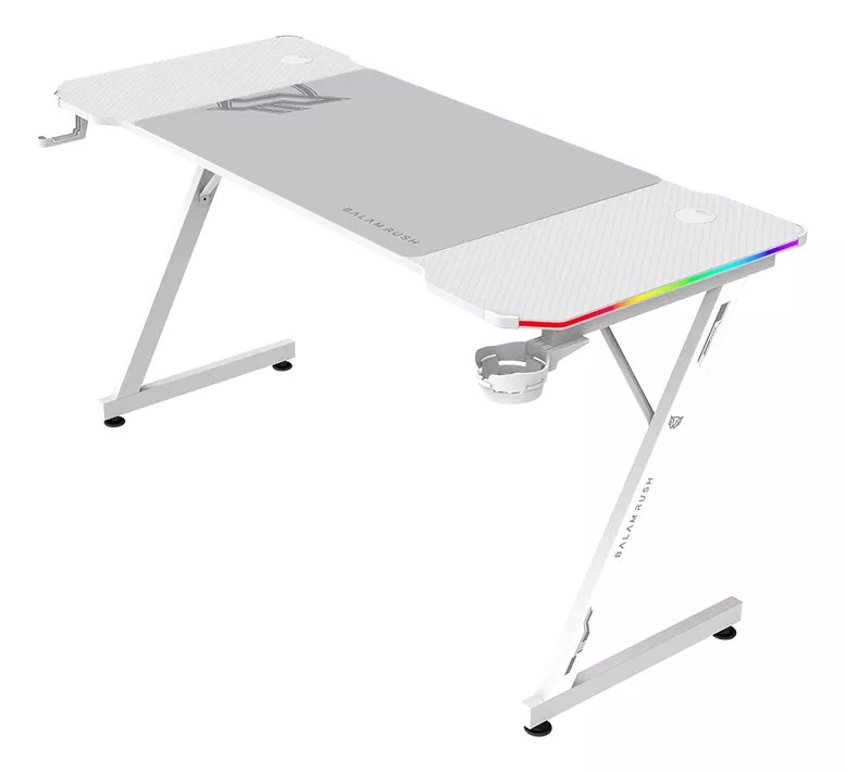ESCRITORIO GAMER BALAM RUSH ERGONÓMICO OLYMPUS SPOT GLOW MRX6000 BLANCO ESTRUCTURA Z 140X60CM SOPORTA HASTA 100 KG