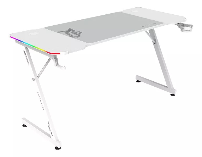 ESCRITORIO GAMER BALAM RUSH ERGONÓMICO OLYMPUS SPOT GLOW MRX6000 BLANCO ESTRUCTURA Z 140X60CM SOPORTA HASTA 100 KG