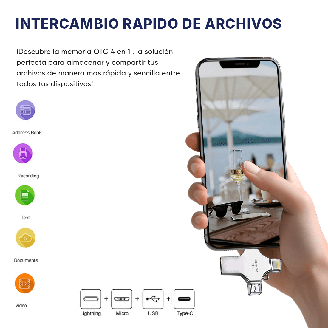 Memoria Otg 4 En 1 iPhone Android iPad Pc Usb-c Lighting 1tb