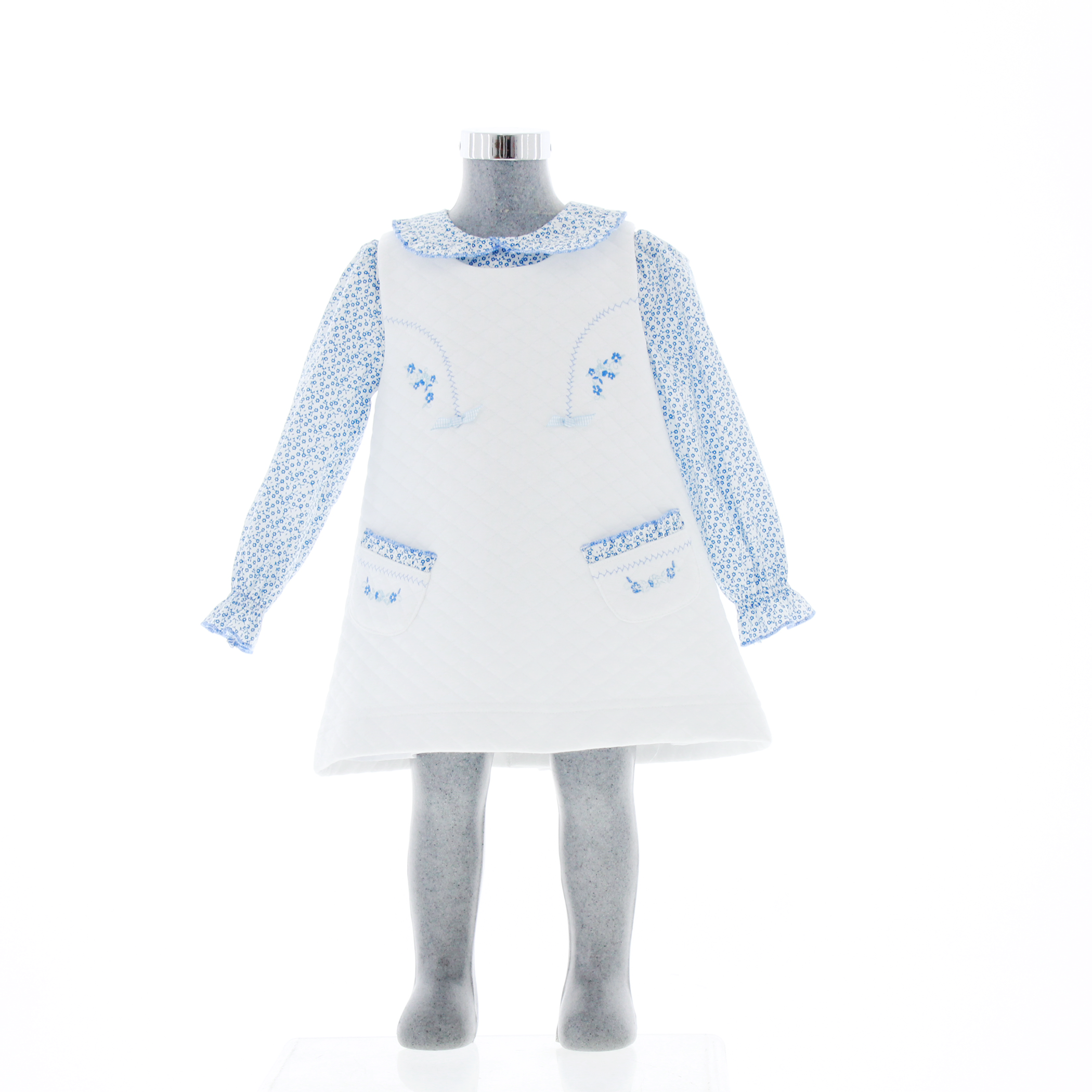 Vestido Para Niña color Blanco con Flores Azules 3930 0 a 5 Años.