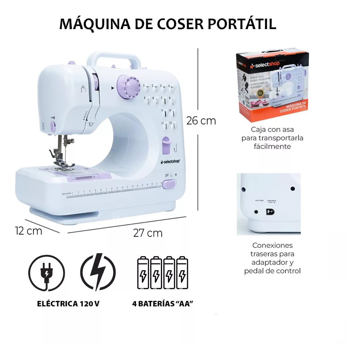 Maquina De Coser Portatil Electrica Mas Kit Costura Y Pedal Color Blanco SelectShop