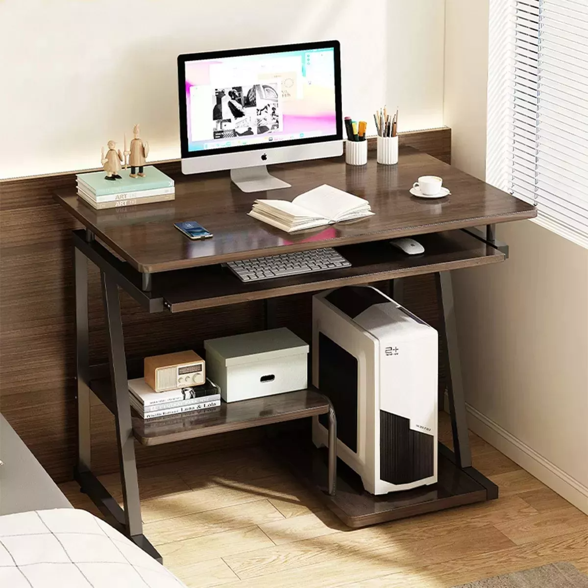 Escritorio Minimalista Para Computadora Madera Con Bandeja Color Negro