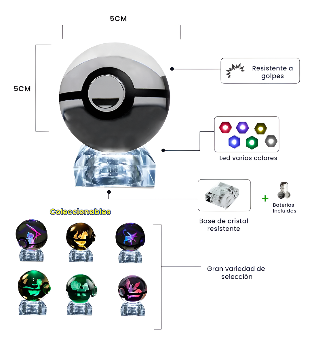 Pokebola De Cristal 3d Pokemon Cristal Varios Modelos Luz Mewtwo