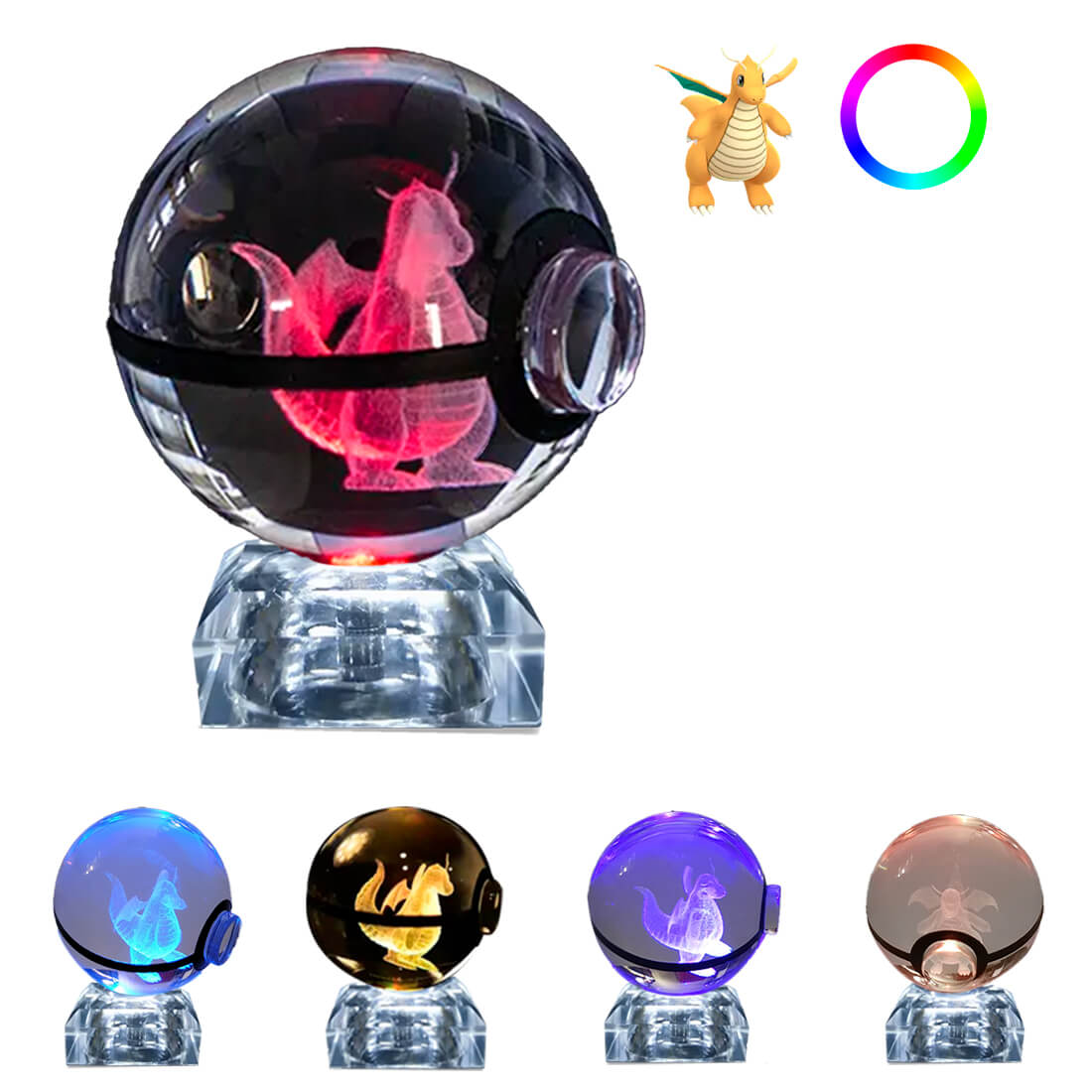 Pokebola De Cristal 3d Pokemon Cristal Varios Modelos Luz Dragonite