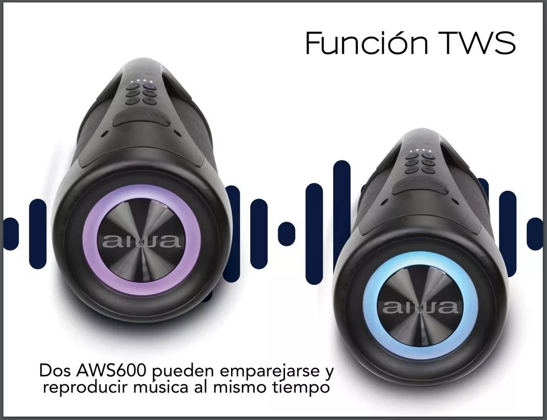 Bocina Portátil Aiwa AWS600BT Cilíndrica Negro, 600W, Bluetooth, USB, Resistente al Agua, Con Luces LED