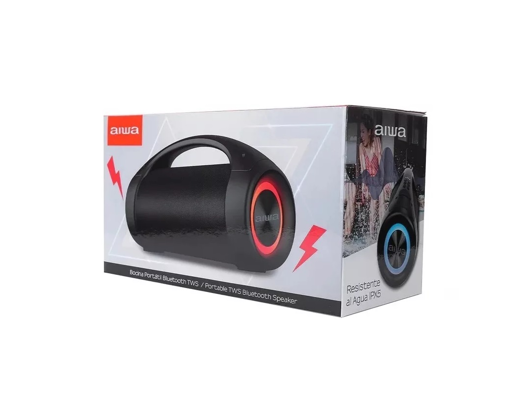 Bocina Portátil Aiwa AWS600BT Cilíndrica Negro, 600W, Bluetooth, USB, Resistente al Agua, Con Luces LED