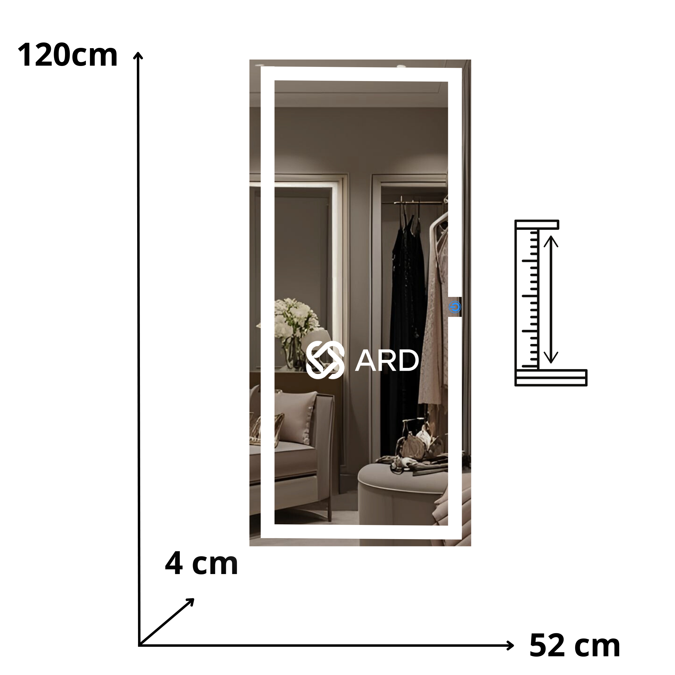 Espejo LED Rectangular ARD Glanz Luminous Glass 120 x 52 cm con Luz Frontal, Sensor Táctil y Montaje para Baño, Vestidor o Recámara Moderna