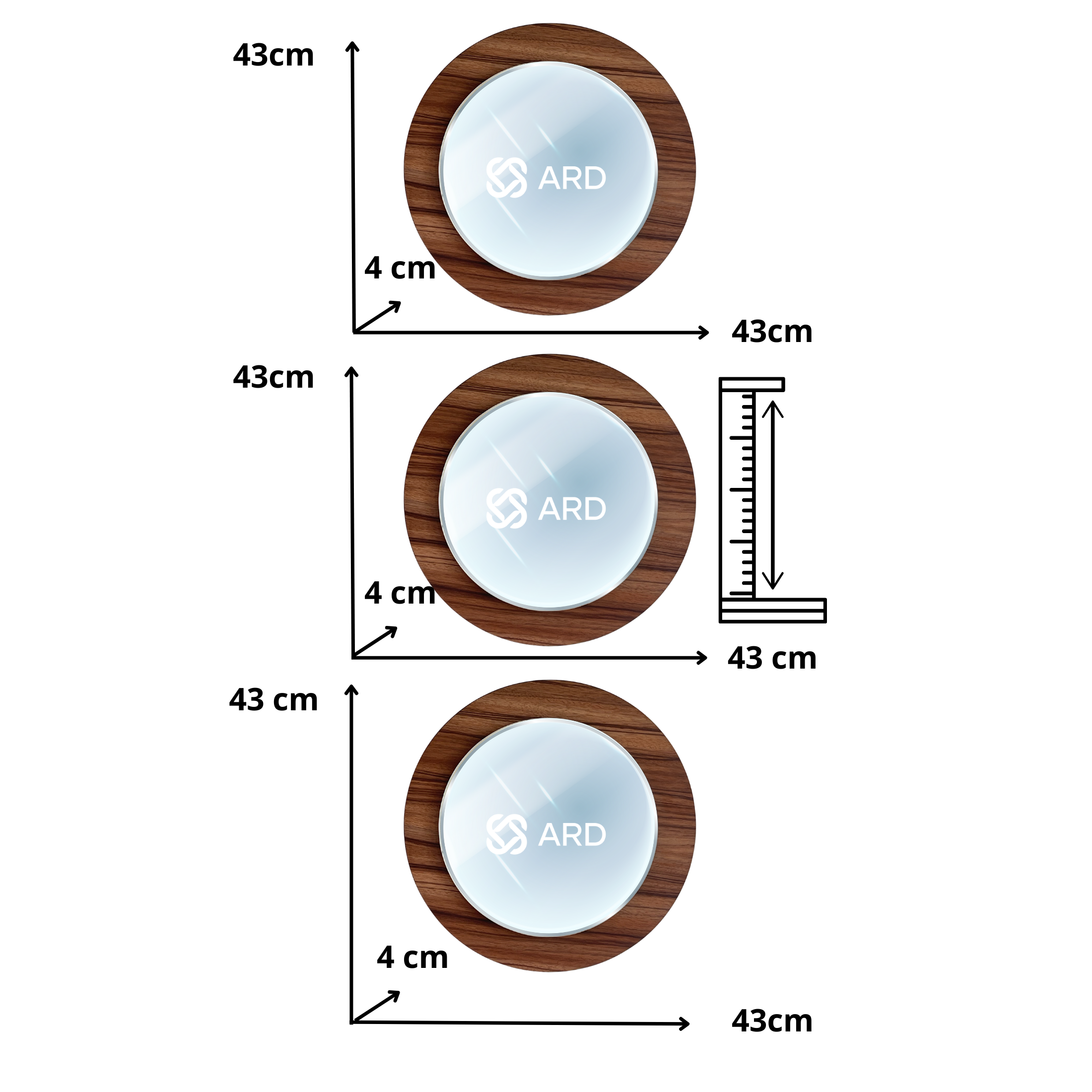 Set de 3 Espejos Decorativos Redondos de Madera ARD Glanz Oak 43 cm con Diseño Flotado para Sala, Comedor, Baño o Recámara Moderna