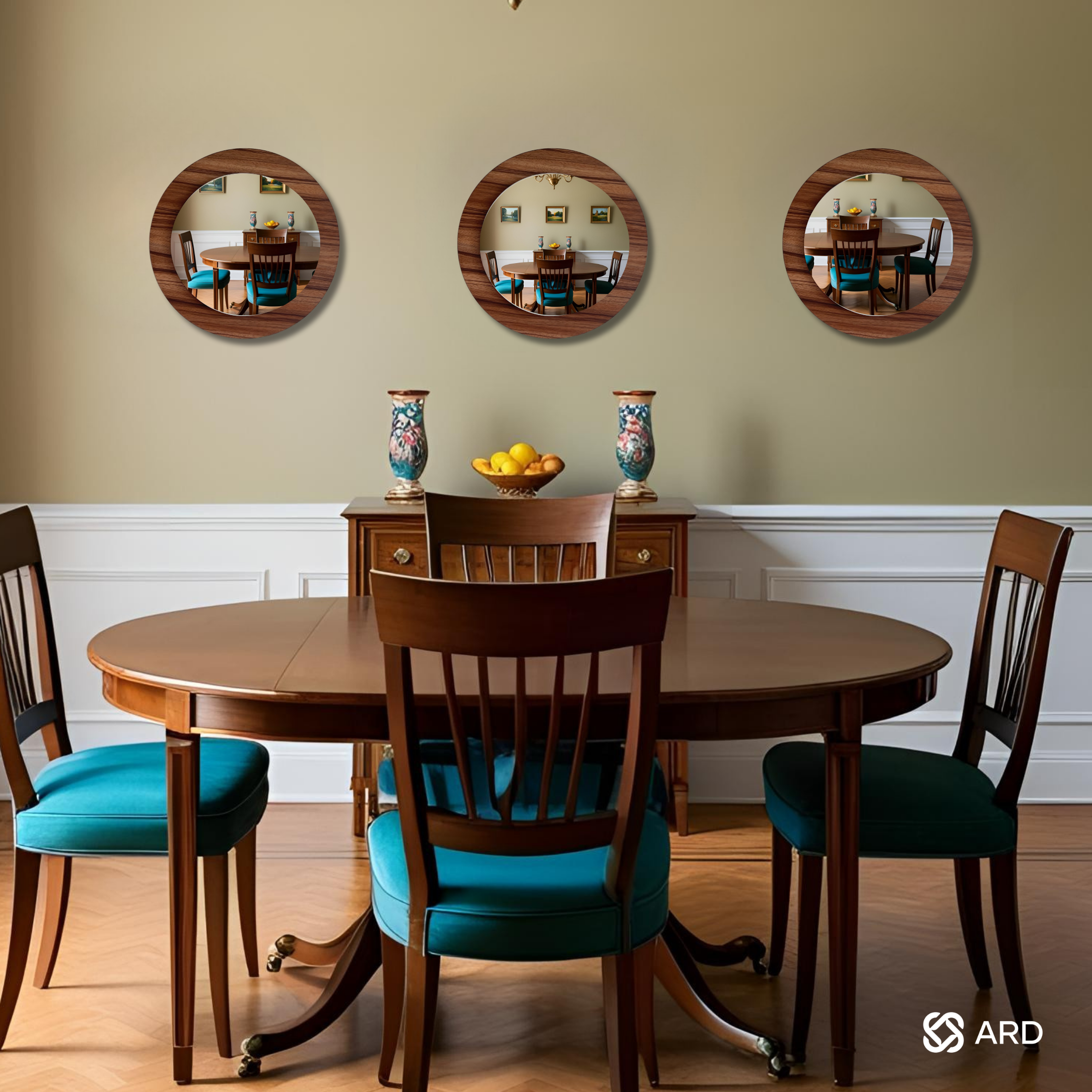 Set de 3 Espejos Decorativos Redondos de Madera ARD Glanz Oak 43 cm con Diseño Flotado para Sala, Comedor, Baño o Recámara Moderna