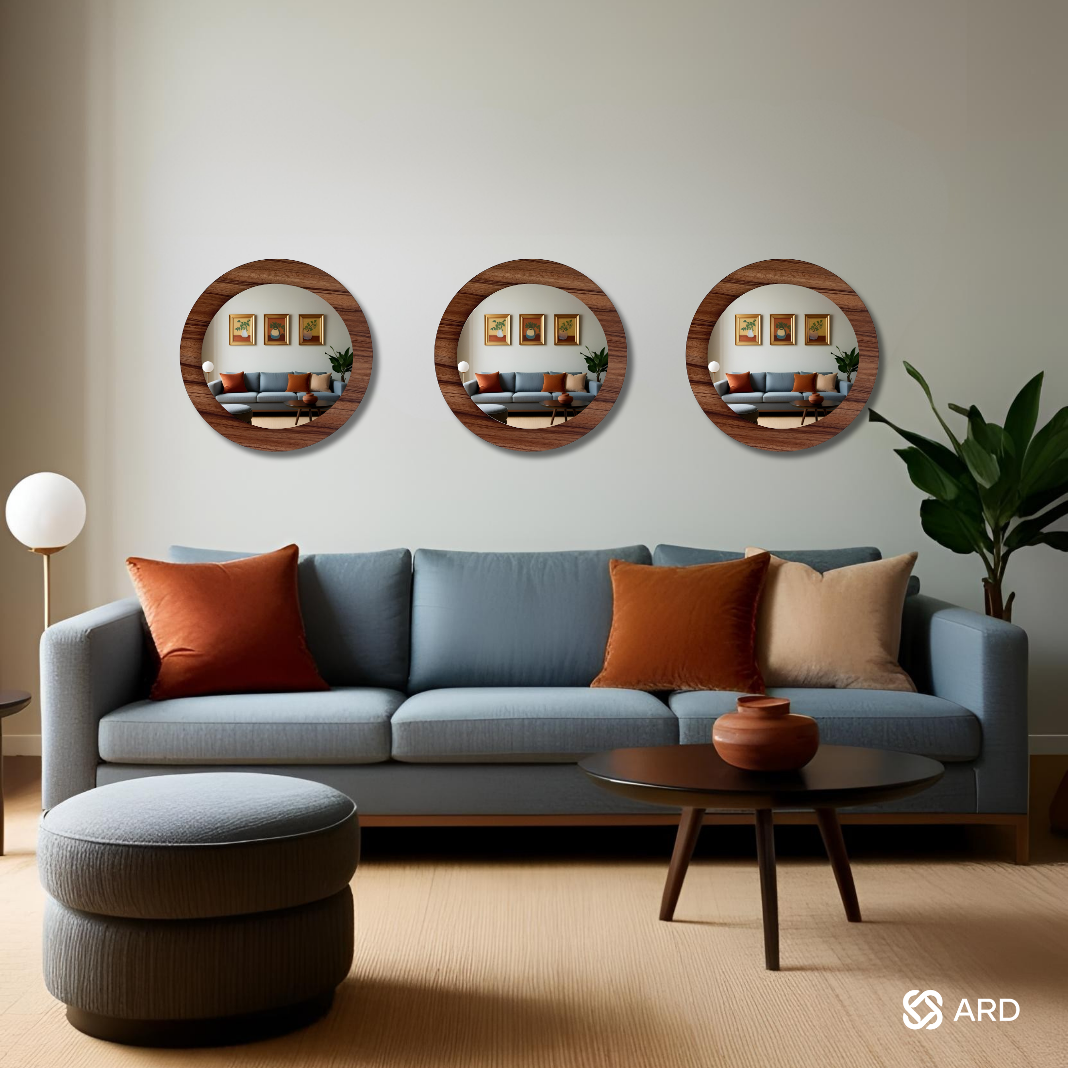 Set de 3 Espejos Decorativos Redondos de Madera ARD Glanz Oak 43 cm con Diseño Flotado para Sala, Comedor, Baño o Recámara Moderna