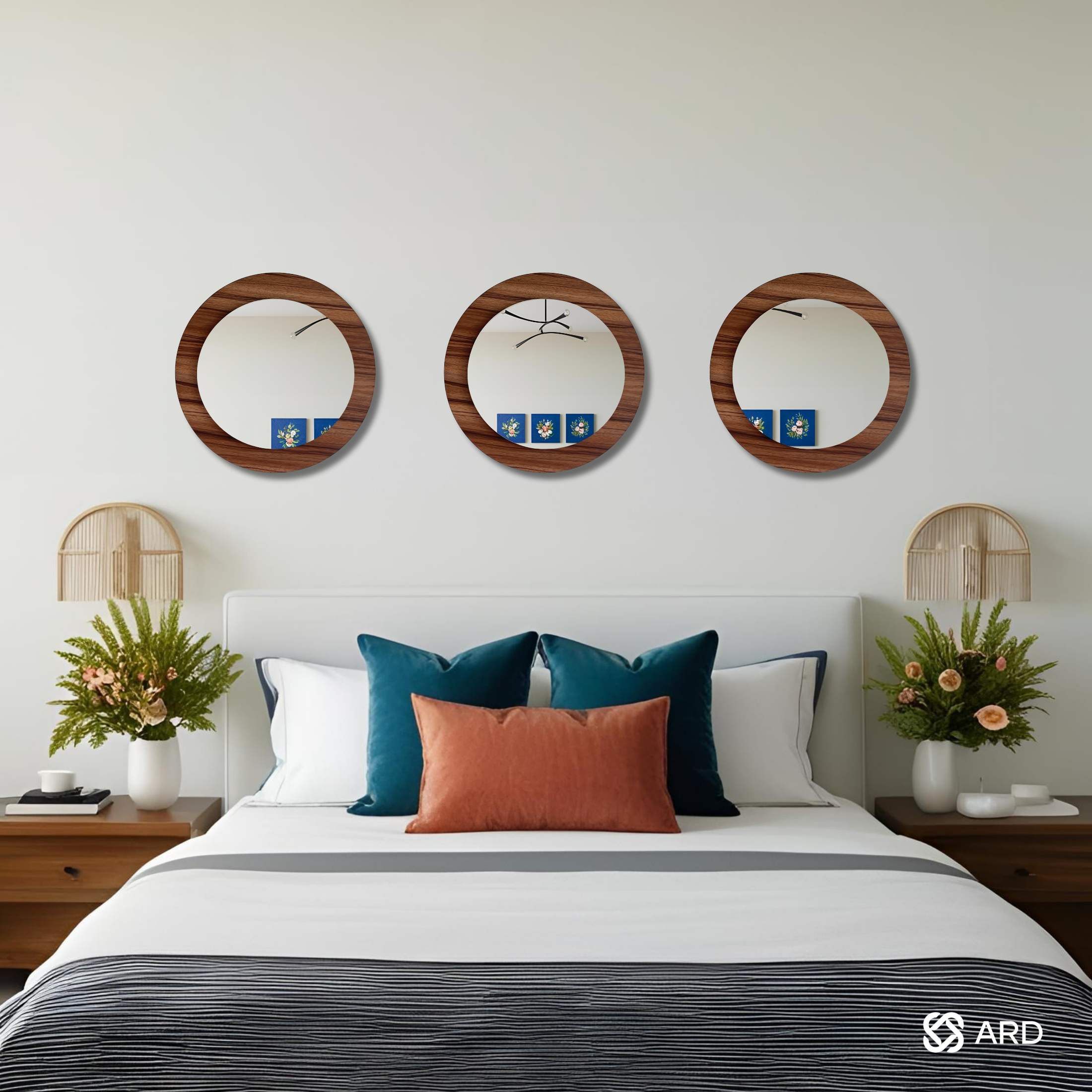 Set de 3 Espejos Decorativos Redondos de Madera ARD Glanz Oak 43 cm con Diseño Flotado para Sala, Comedor, Baño o Recámara Moderna