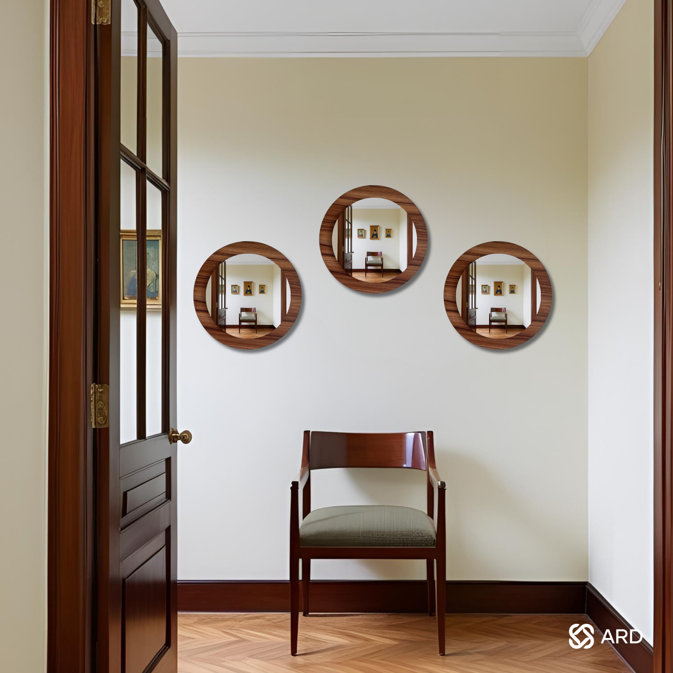 Set de 3 Espejos Decorativos Redondos de Madera ARD Glanz Oak 43 cm con Diseño Flotado para Sala, Comedor, Baño o Recámara Moderna