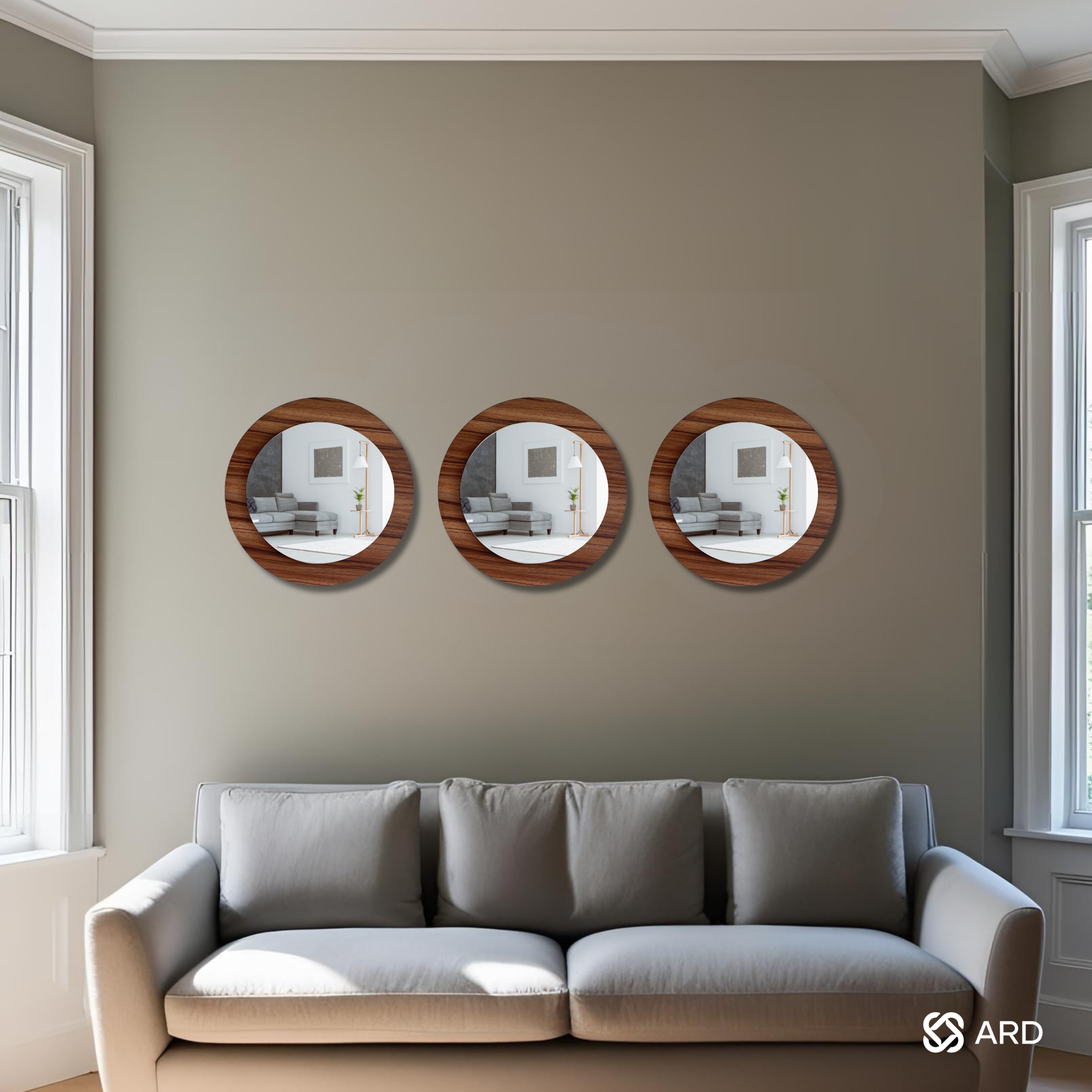 Set de 3 Espejos Decorativos Redondos de Madera ARD Glanz Oak 43 cm con Diseño Flotado para Sala, Comedor, Baño o Recámara Moderna