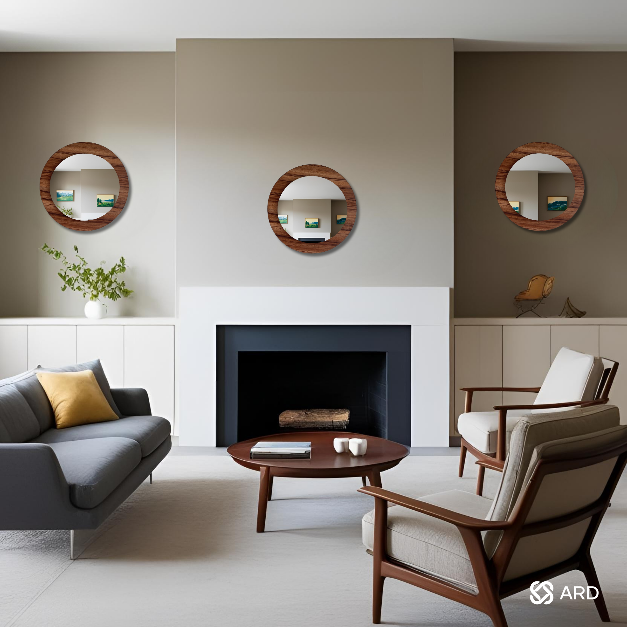 Set de 3 Espejos Decorativos Redondos de Madera ARD Glanz Oak 43 cm con Diseño Flotado para Sala, Comedor, Baño o Recámara Moderna