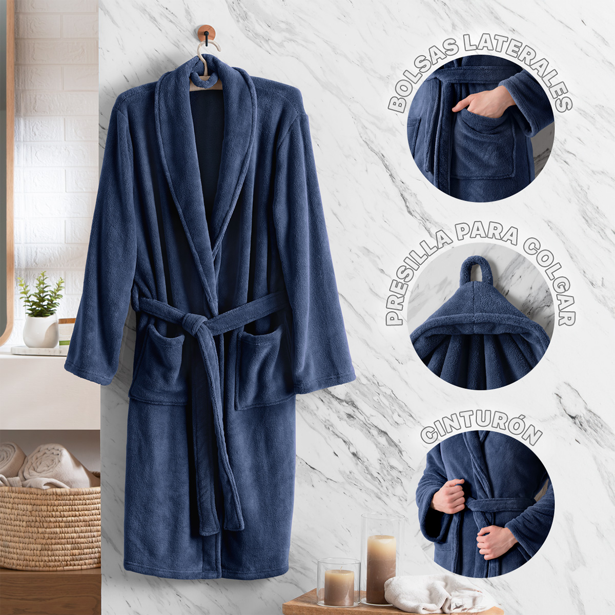 Bata de Baño para Mujer Absorbente Unitalla  Azul Marino REAL TEXTIL.