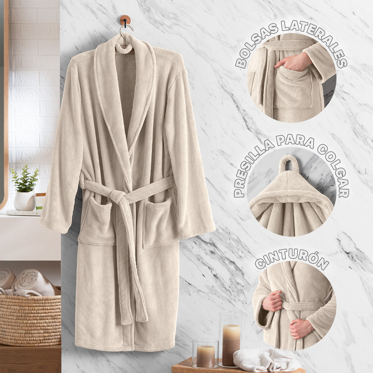 Bata de Baño para Hombre Absorbente Unitalla Beige REAL TEXTIL.