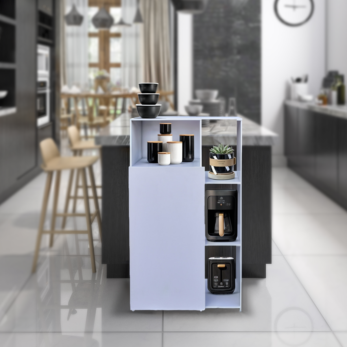 Mueble Alacena Despensero Organizador Hogare, Practico Mueble Multiusos de melamina de 16 mm de alta resistencia, con una puerta y siete estantes Color Blanco
