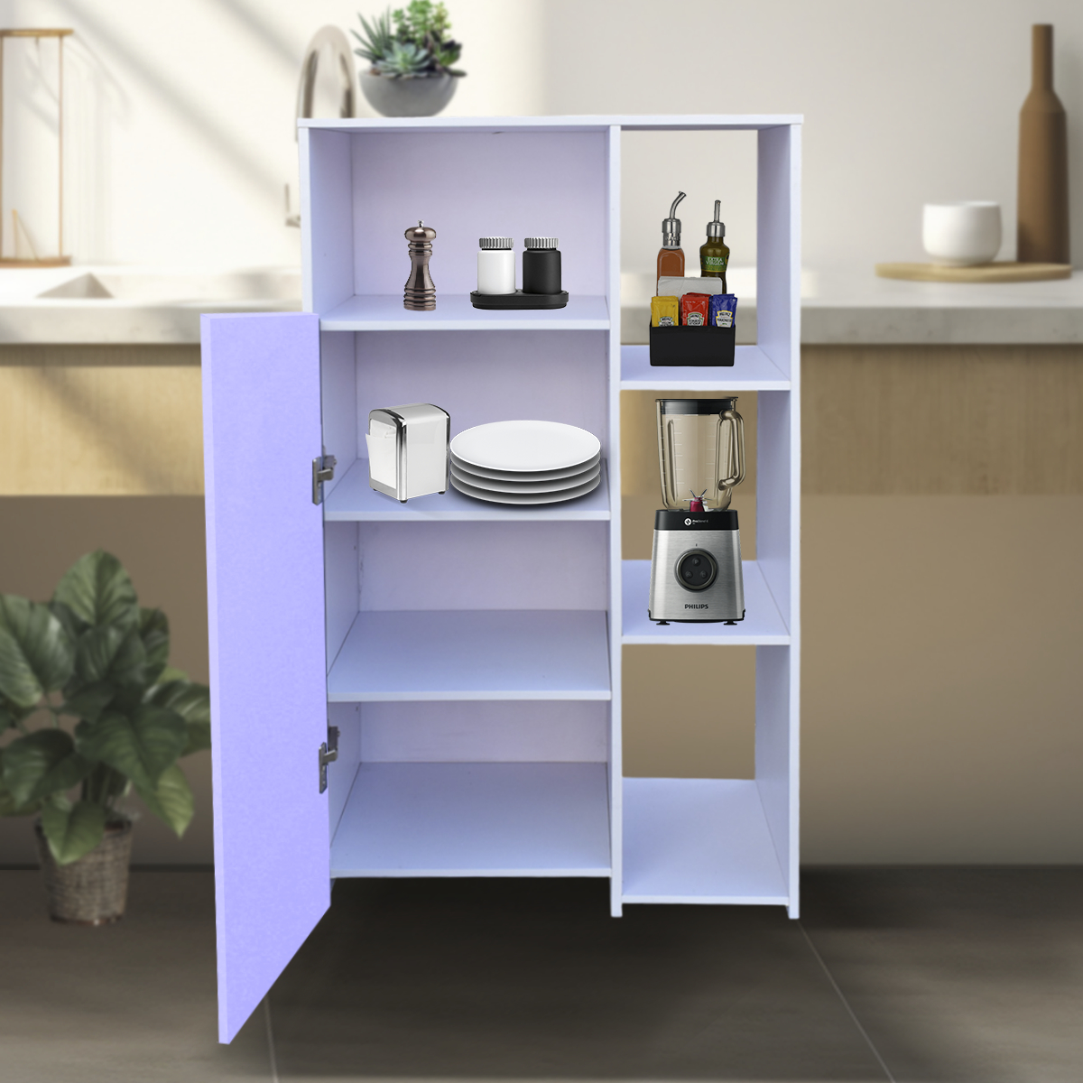 Mueble Alacena Despensero Organizador Hogare, Practico Mueble Multiusos de melamina de 16 mm de alta resistencia, con una puerta y siete estantes Color Blanco