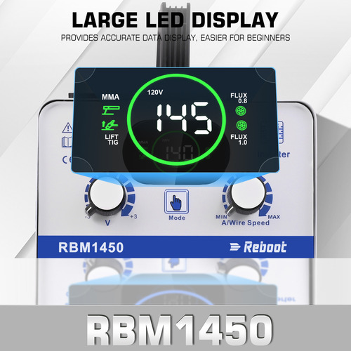 Reboot RBM1450 Soldador Mig 145amp 110v 3 En 1 Mig & Arc & Lift Tig Invert Color Blanco