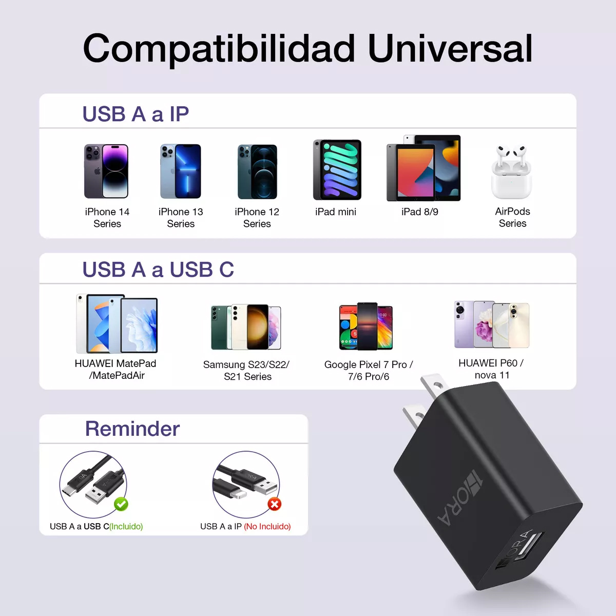 Cargador Usb Tipo C 10w 1hora 1m Cable Usb A Tipo C Negro