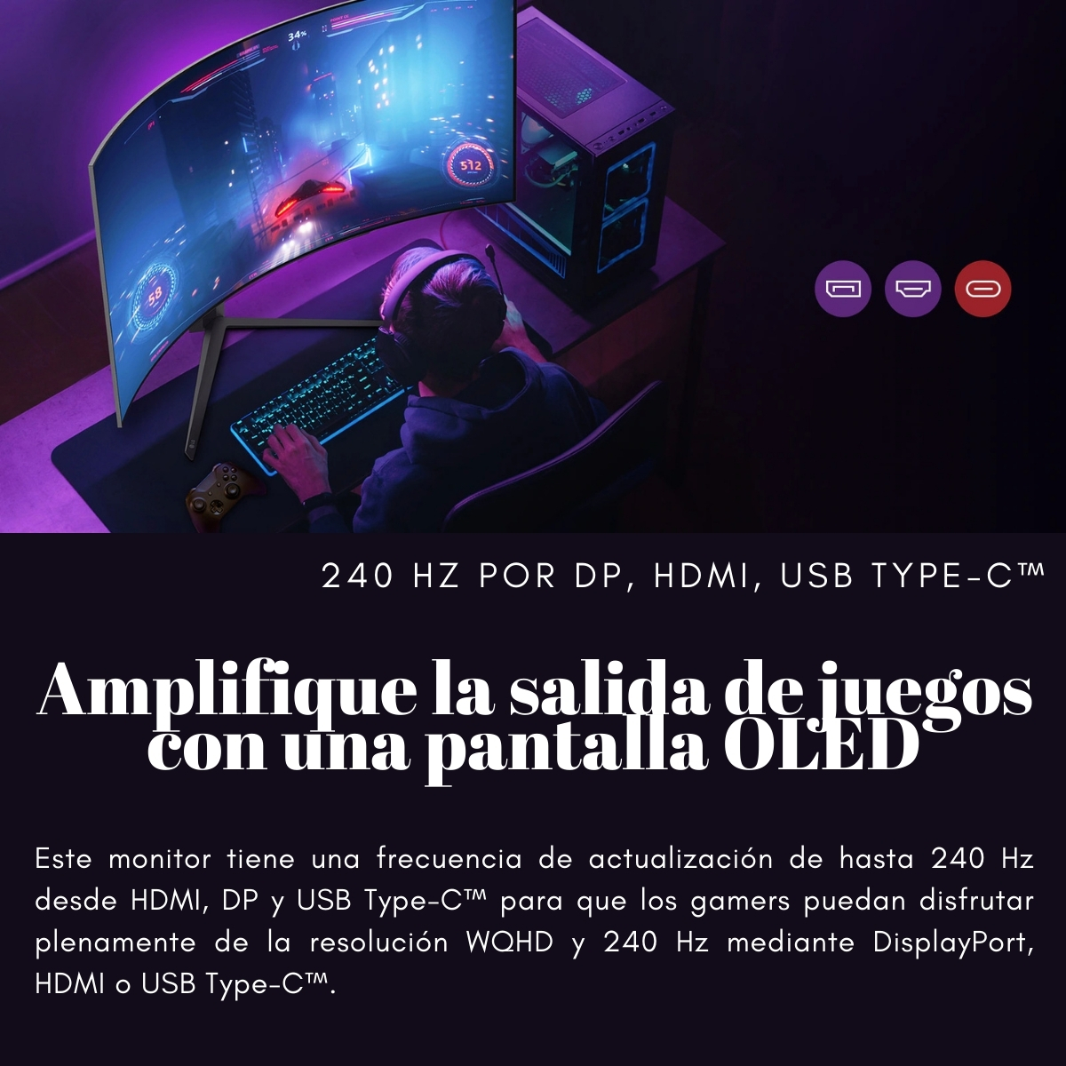 Monitor Gamer LG UltraGear OLED Curvo 45" WQHD, 240Hz, 0.03ms, HDR400, FreeSync & G-SYNC Compatible - Negro